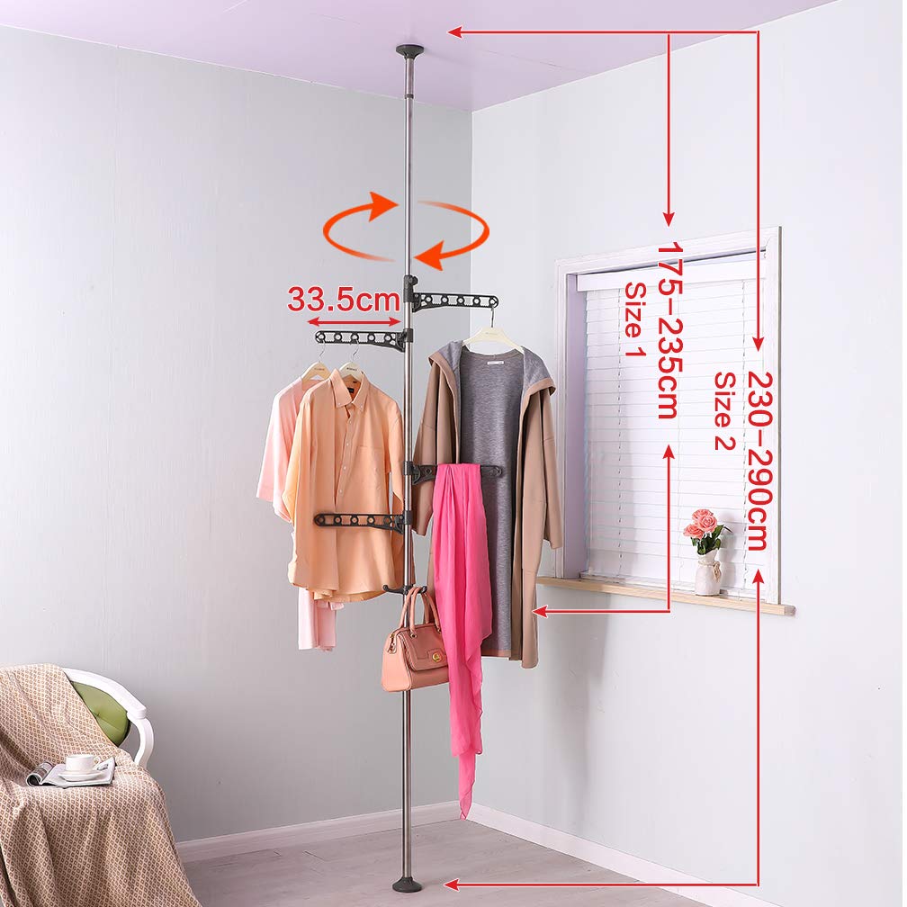 Adjustable Laundry Pole Clothes Drying Rack Coat Hanger DIY Floor to Ceiling Tension Rod Storage Organizer for Indoor, Balcony  Grey