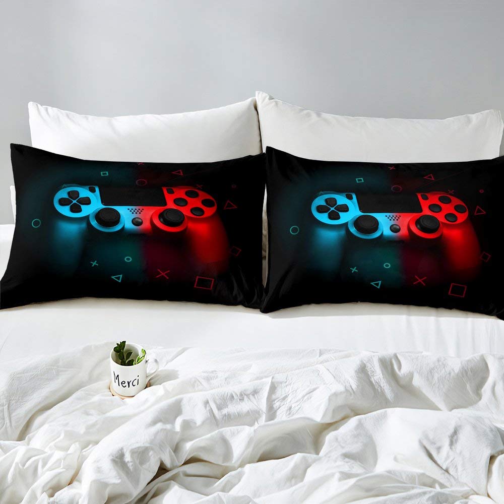 Teens Gaming Sheet Set Gamepad Gift for Boys Bedding Kids Girls Young Man Video Games Fitted Sheet Chic Pixel Abstract Bed Cover with 2 Pillowshams Black Red Blue Decor 3 Piece Soft,Full Size