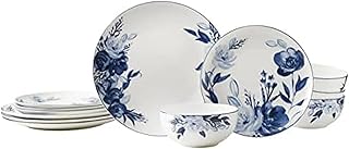Blue and White 12-Piece Bone China Dinnerware Set for Four