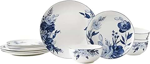 Blue and White 12-Piece Bone China Dinnerware Set for Four
