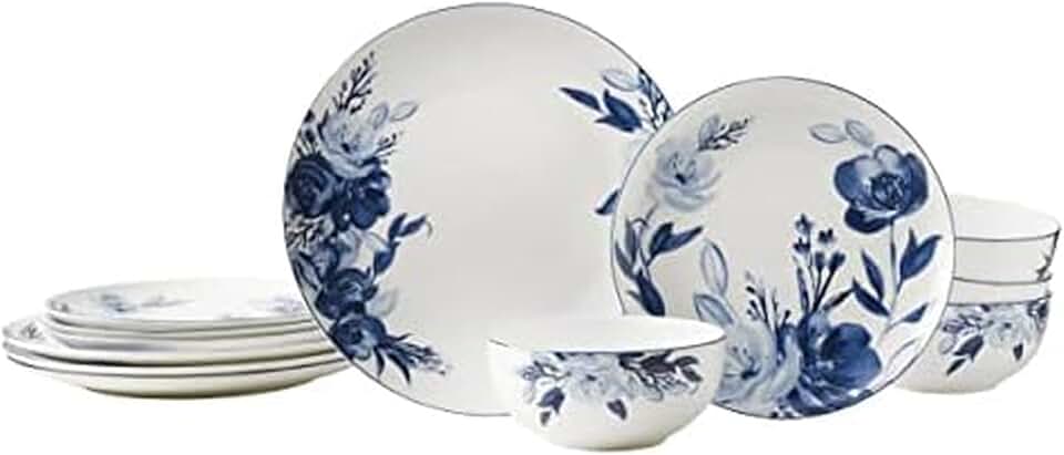 Blue and White 12-Piece Bone China Dinnerware Set for Four