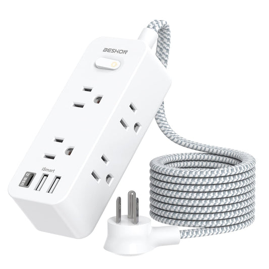 Power Strip with 5Ft Cord, 6 Outlets, 3 USB Ports, Wall Mount