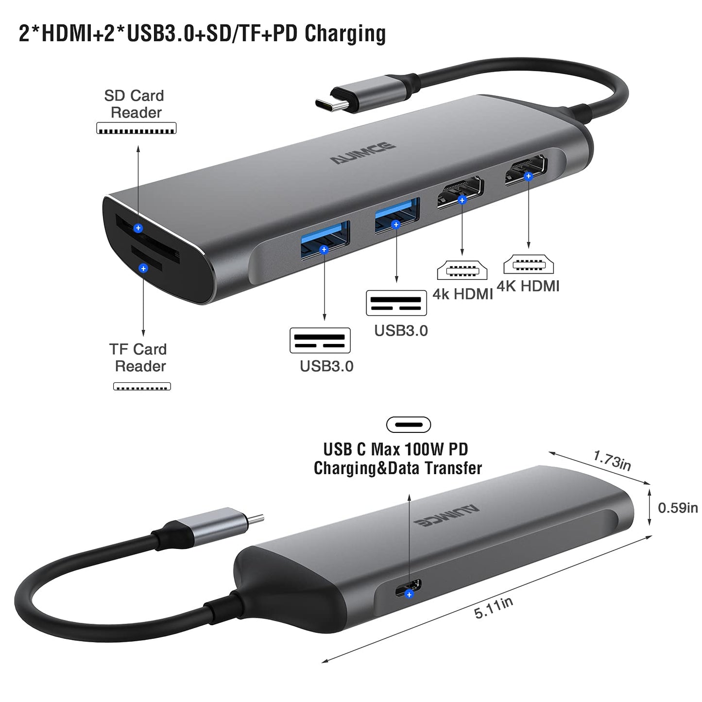 Dual HDMI Laptop Docking Station Dual Monitor, Universal USB C Dock Triple Display Adapter for MacBook Pro Air, Windows Type C Laptops