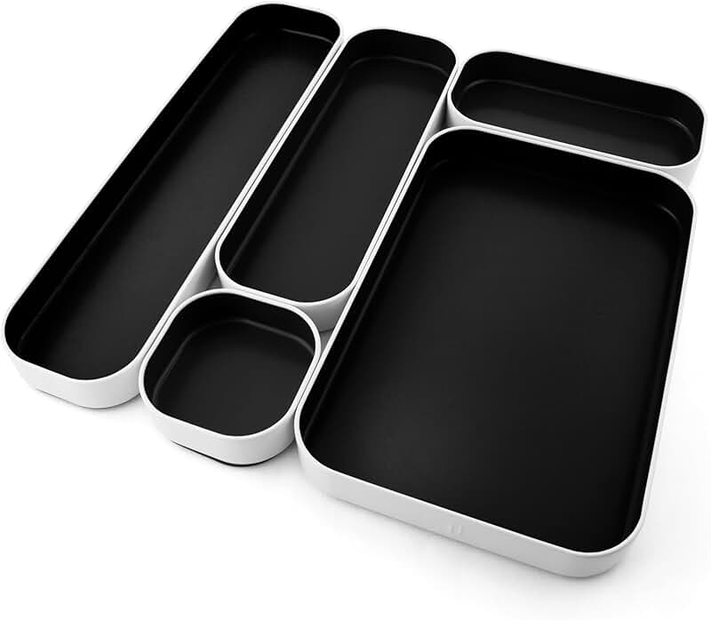 Set of three 5-piece metal organizer trays for drawers
