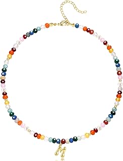 Colorful Beaded Initial Necklace with Gemstone Pendant