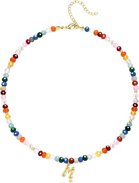 Colorful Beaded Initial Necklace with Gemstone Pendant