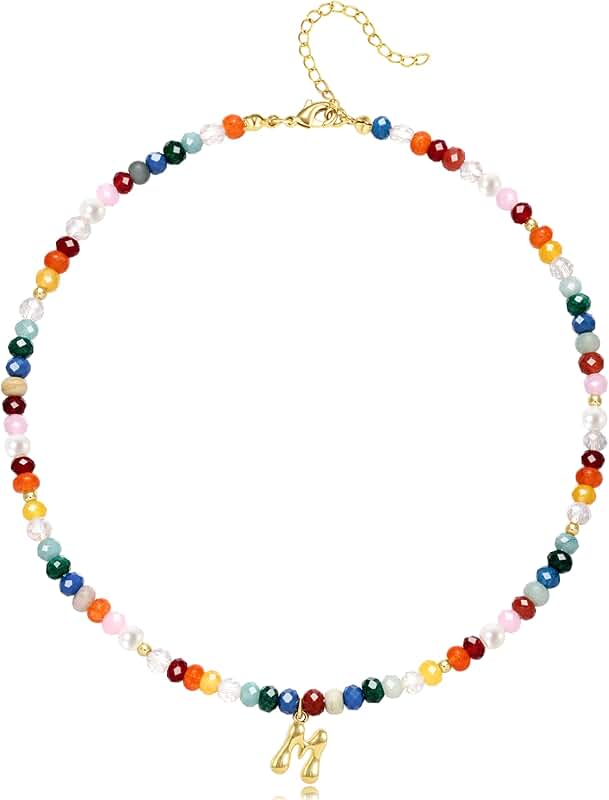 Colorful Beaded Initial Necklace with Gemstone Pendant