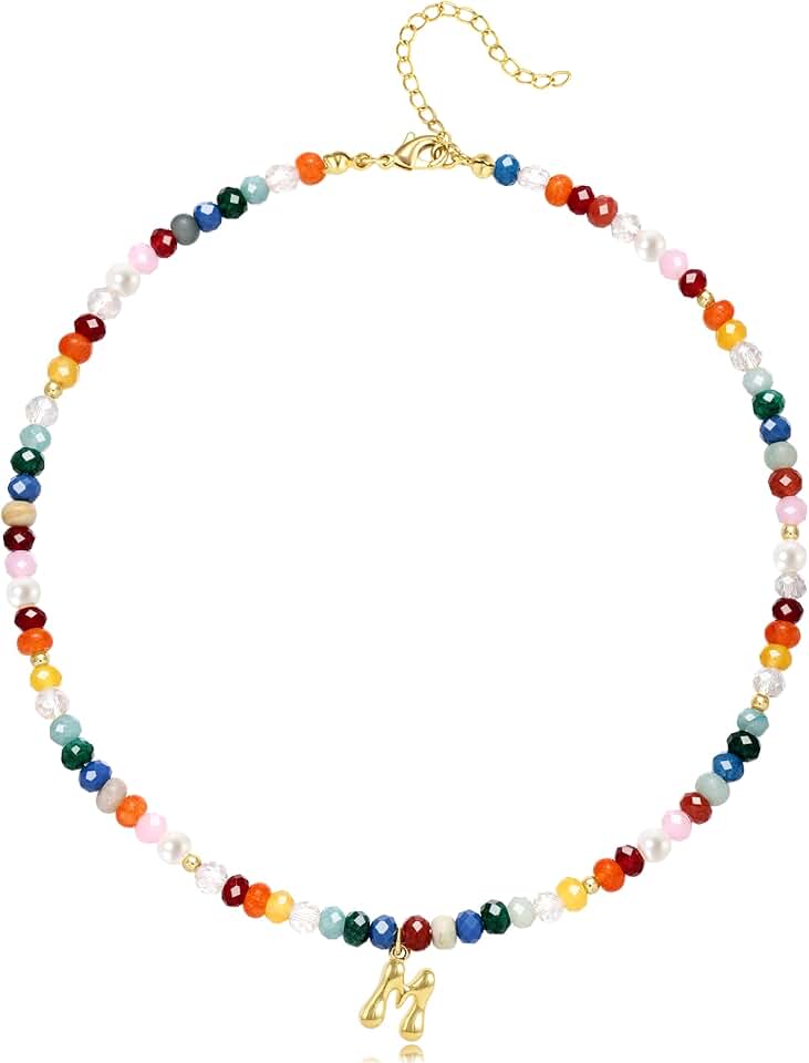 Colorful Beaded Initial Necklace with Gemstone Pendant