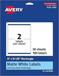 Matte White Rectangle Labels, 5" x 8-1/8", 100 sheets