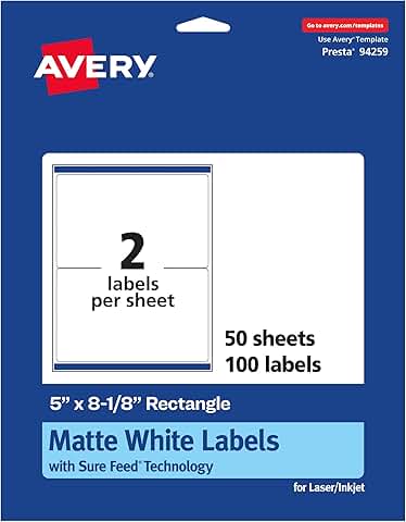 Matte White Rectangle Labels, 5" x 8-1/8", 100 sheets