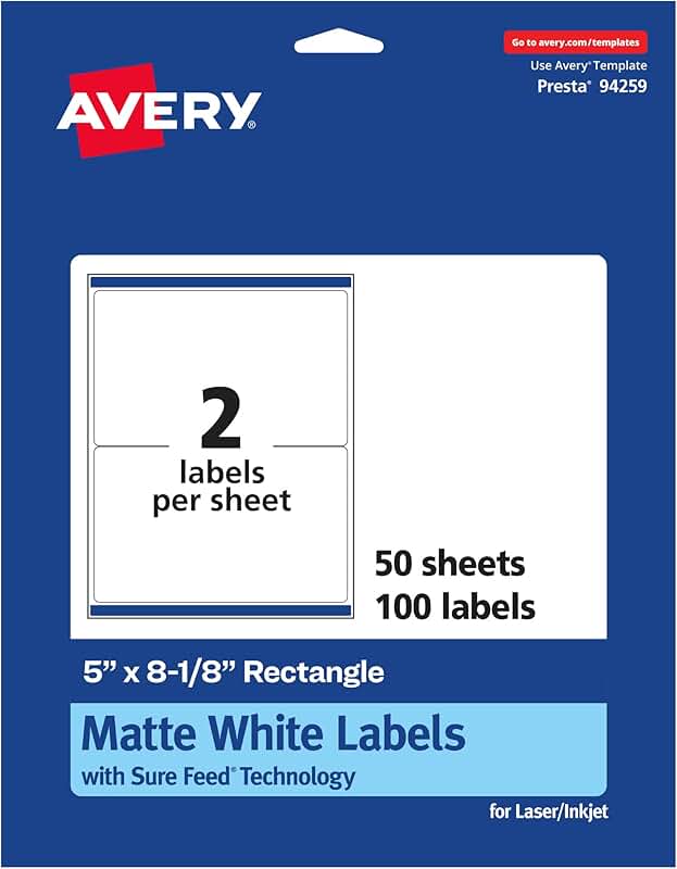 Matte White Rectangle Labels, 5" x 8-1/8", 100 sheets