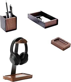Walnut Headphone Stand with Desk Drawer and Pen Holder