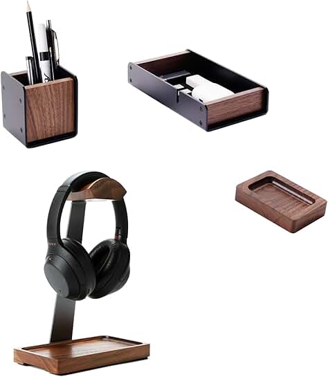 Walnut Headphone Stand with Desk Drawer and Pen Holder