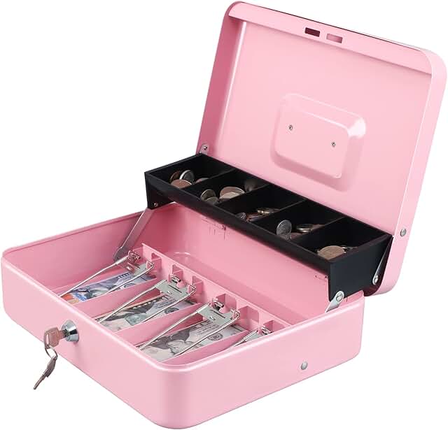 Pink tiered cash box with lock and coin slots