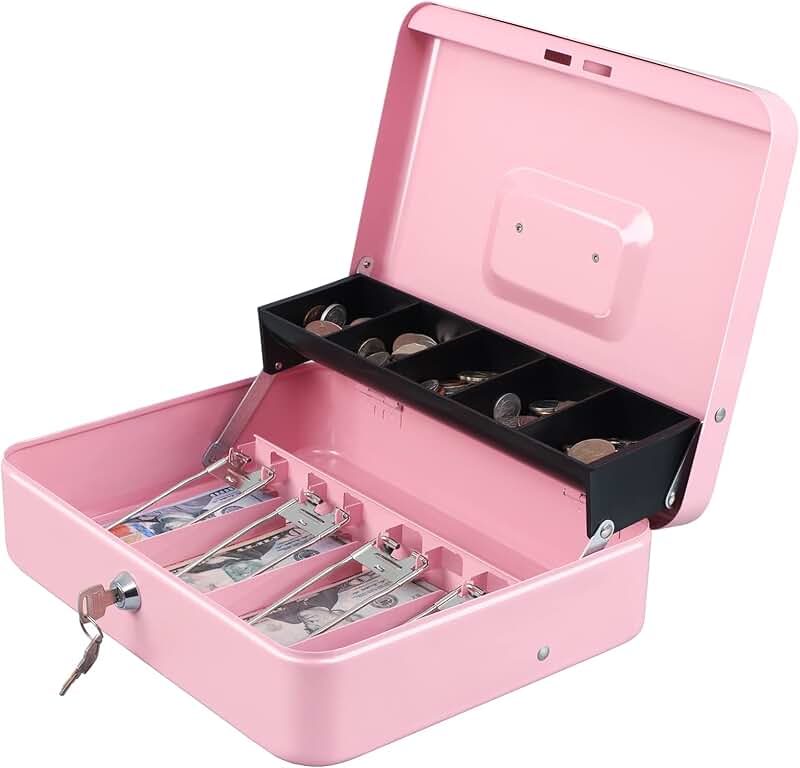 Pink tiered cash box with lock and coin slots