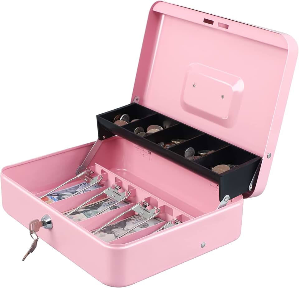 Pink tiered cash box with lock and coin slots
