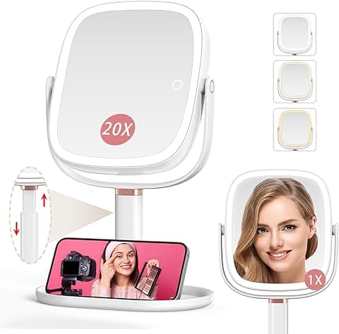 Lighted Makeup Mirror with Magnification and Adjustable Height