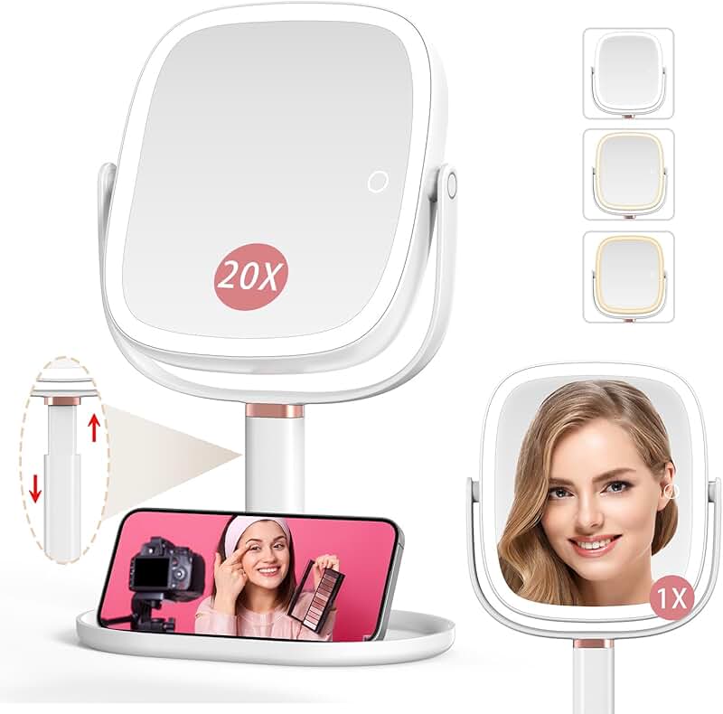 Lighted Makeup Mirror with Magnification and Adjustable Height