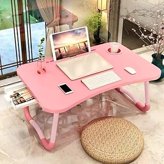 Pink foldable laptop bed table with storage and cup holder