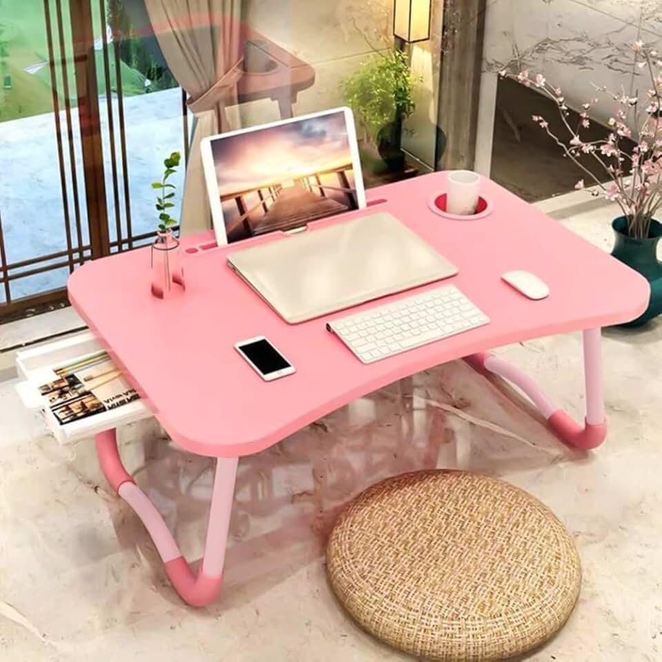 Pink foldable laptop bed table with storage and cup holder