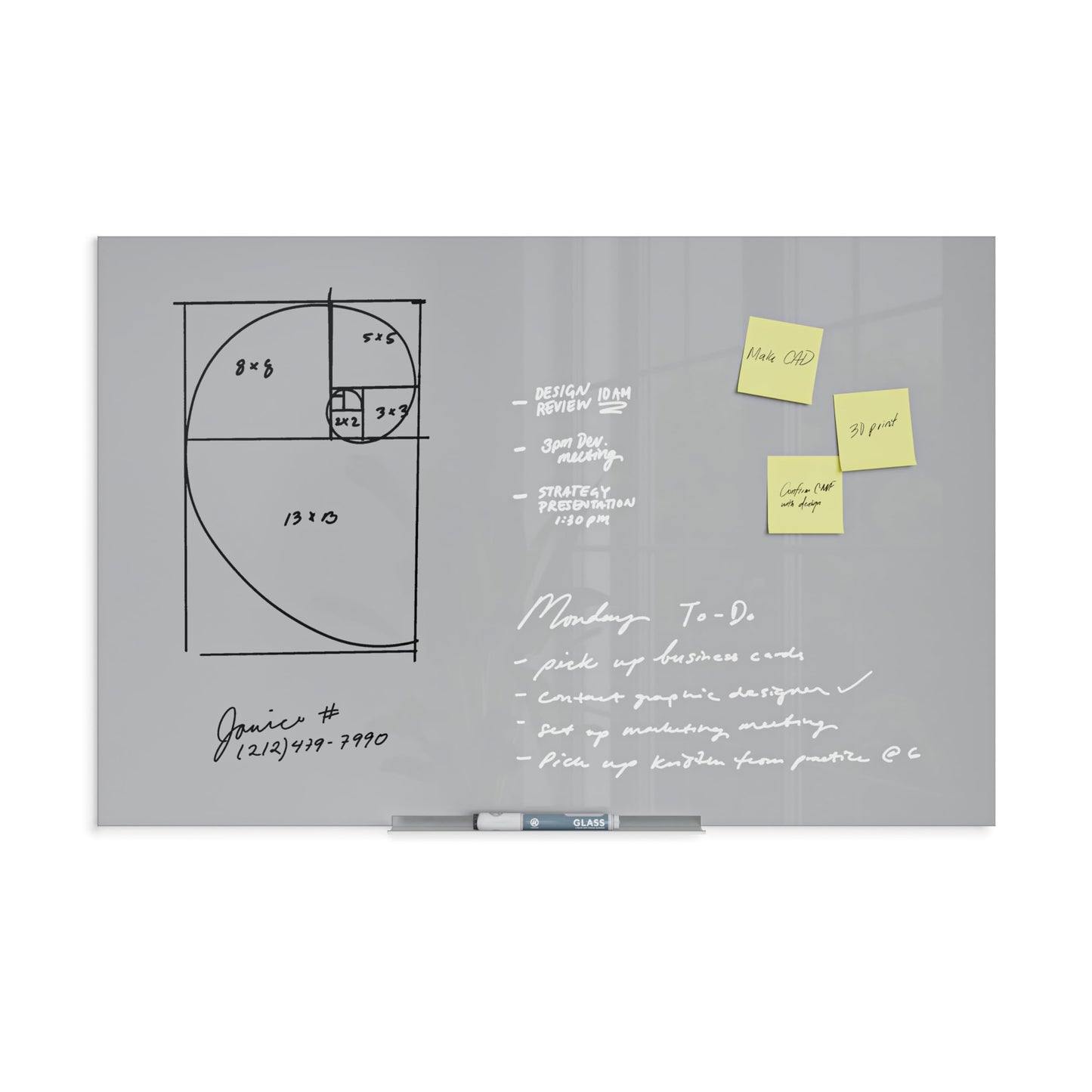 Gray frameless glass dry-erase board, 36" x 24"