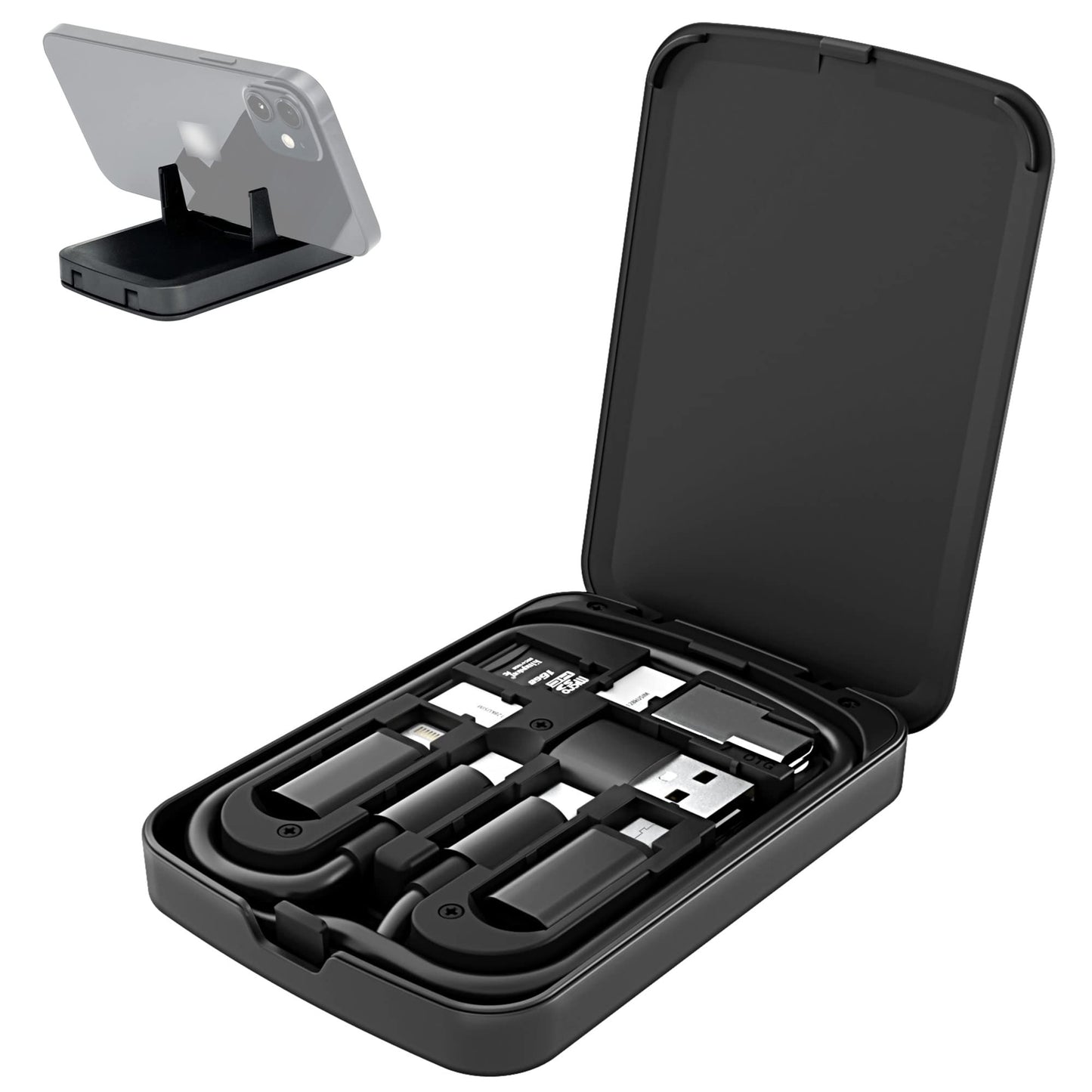 Multi-Functional Compact Cable Card with 22" USB-C Cable & USB-A/Micro-USB/Light/OTG USB Adapter Kit Cable Convertor Storage Box for Traveling Phone Pad Charging PC Computer Data Transfer
