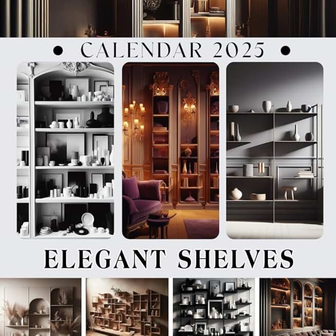 Elegant 2025 Shelves Calendar with Holidays and Photos