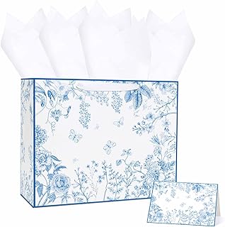 Blue floral 13-inch gift bag with tissue and card