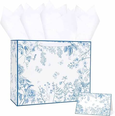 Blue floral 13-inch gift bag with tissue and card