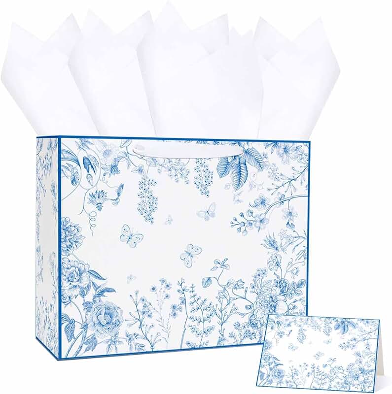 Blue floral 13-inch gift bag with tissue and card