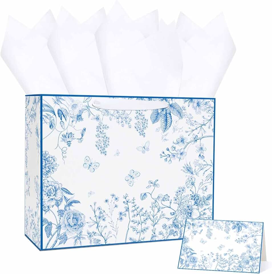 Blue floral 13-inch gift bag with tissue and card