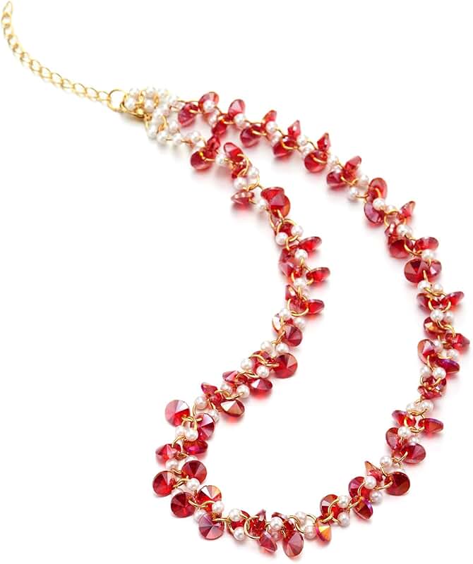 Red crystal and pearl beaded collar necklace with gold ring
