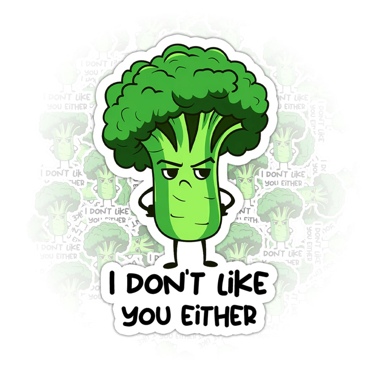 Set of three funny broccoli stickers for laptops and bottles