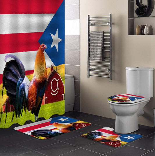 4Pcs Shower Curtain Polyester Waterproof Shower Curtain Set Puerto Rico Flag Farm Rooster Kitchen Animal Red Barn Anti-Skid Rug,Tet Lid Cover  Bath Mat with 12 Hooks