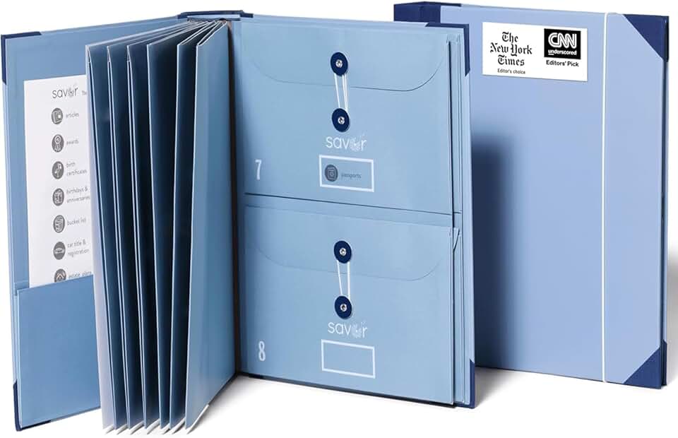 Blue Accordion File Organizer with 13 Pockets