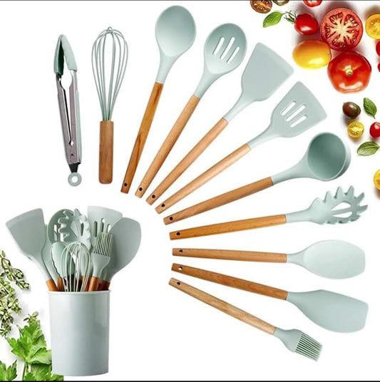 12-Piece Wooden Cooking Utensil Set with Holder