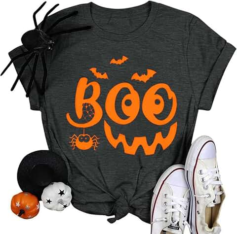 Women's Halloween Pumpkin Face Spider Bat Ghost T-Shirt