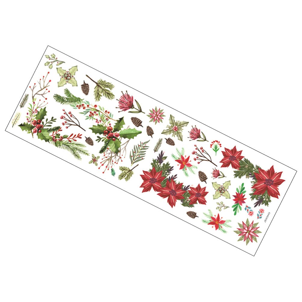 1 Sheet Poinsettia Flower Wall Stickers, Holly Berries Wall Decal, Self- Adhesive Mistletoes Window Sticker for Home Winter Door Window Wall Decoration