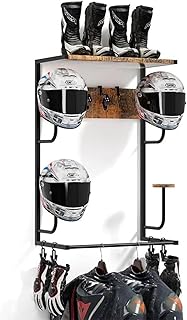 Wall Mount Motorcycle Helmet Rack with Wooden Boards and Hooks