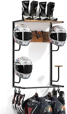 Wall Mount Motorcycle Helmet Rack with Wooden Boards and Hooks
