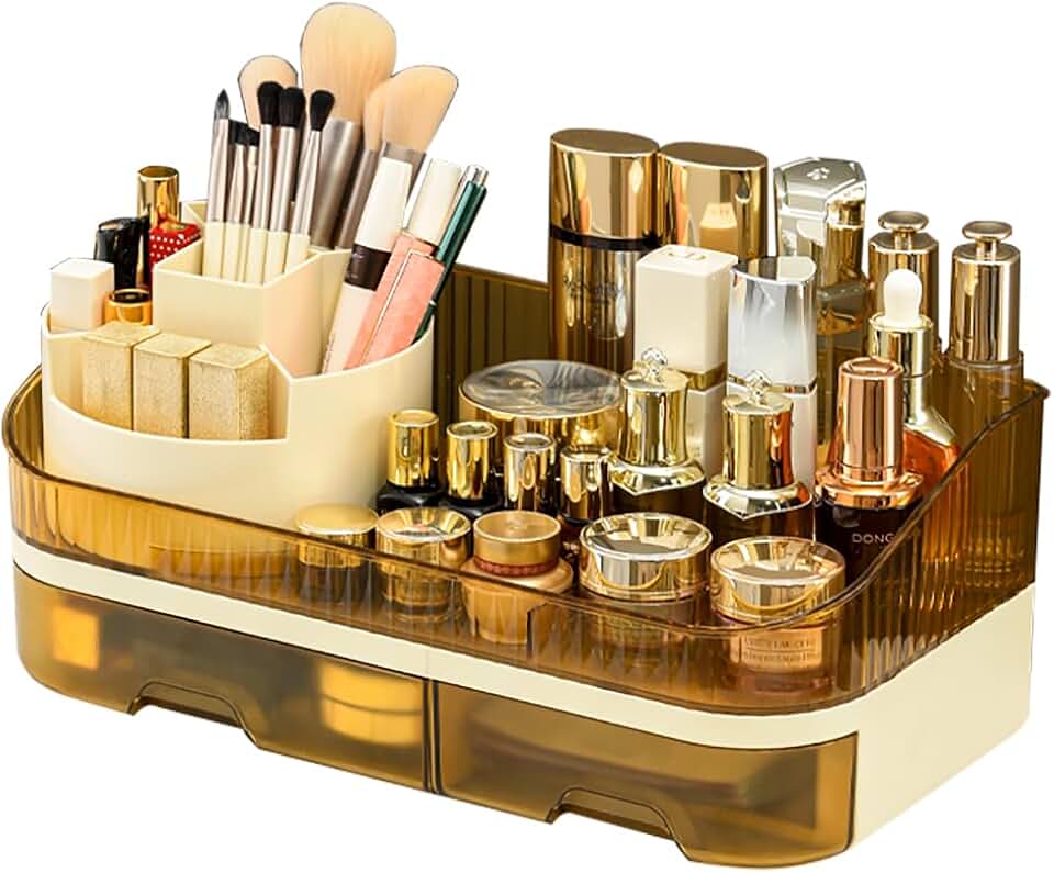 Large Plastic Makeup Organizer with Rotating Brush Holder