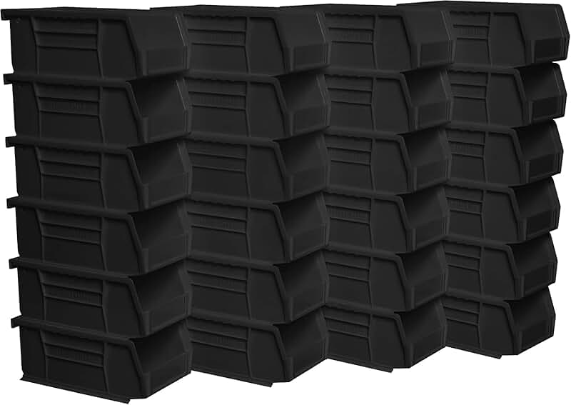 Stackable plastic storage bins, 24-pack, black