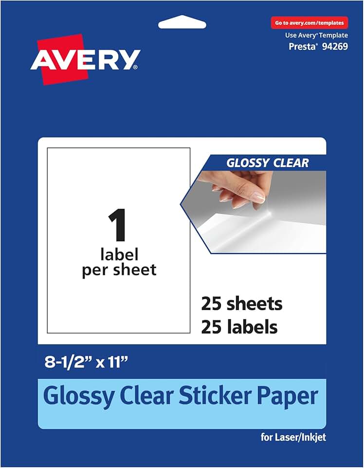 Glossy Clear Sticker Paper, 8.5" x 11", 25 Sheets