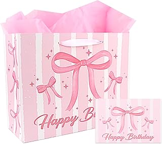 Pink Bow Pattern Birthday Gift Bags with Card and Tissue
