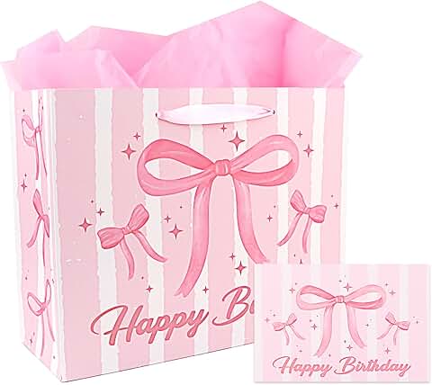 Pink Bow Pattern Birthday Gift Bags with Card and Tissue