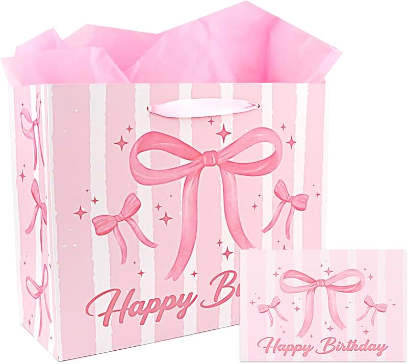 Pink Bow Pattern Birthday Gift Bags with Card and Tissue