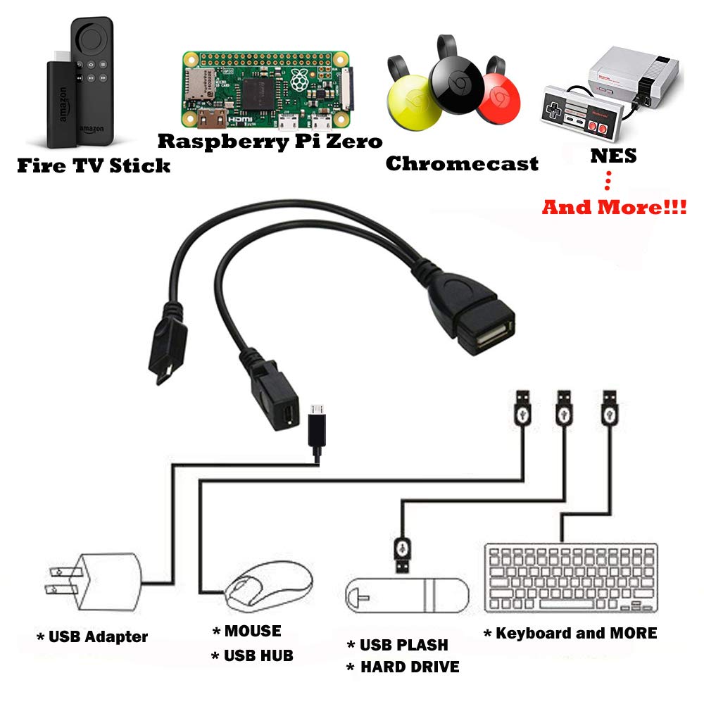 2-in-1 Micro USB to USB Adapter (OTG Cable + Power Cable) for Stick, Playstation Classic and More - 2 Pack