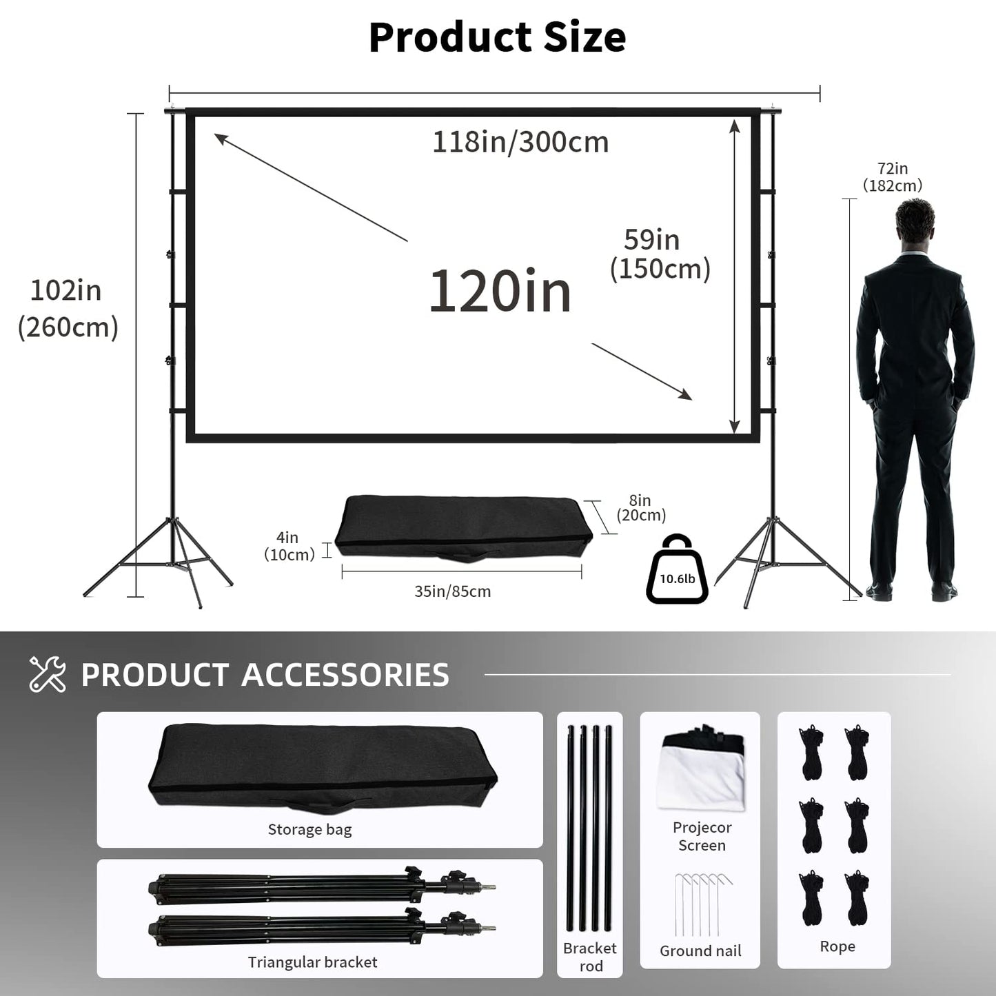 Projector Screen and Stand, 120 inch Indoor Outdoor Projection Screen, Portable 16:9 4K HD Rear Front Movie Screen Pull Down with Carry Bag Wrinkle-Free Design for Home Theater Backyard Cinema