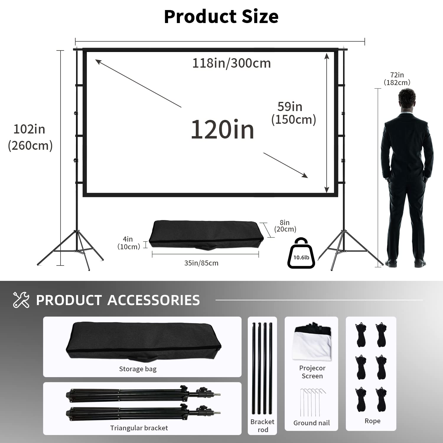 Projector Screen and Stand, 120 inch Indoor Outdoor Projection Screen, Portable 16:9 4K HD Rear Front Movie Screen Pull Down with Carry Bag Wrinkle-Free Design for Home Theater Backyard Cinema