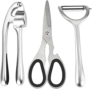 3-Piece Stainless Steel Kitchen Utensil Set with Scissors, Peeler, and Garlic Press